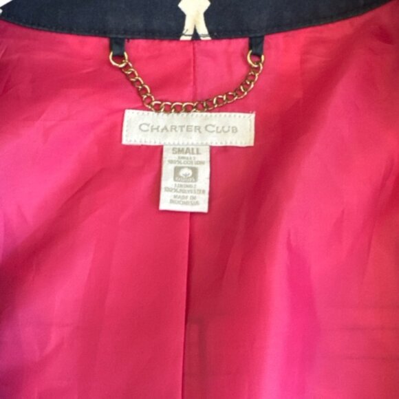 Charter Club Trench Coat Navy Blue & White Geometric Pattern Women's Size Small - Picture 2 of 6